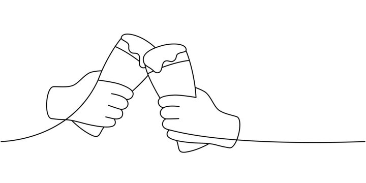 recommend clip art: Hands holding beer mugs one line continuous drawing. Beer pub products, cheers continuous one line illustration. Vector linear illustration.