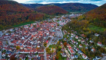 Aerial view of the city Bad Urach in Germany on a sunny day in fall