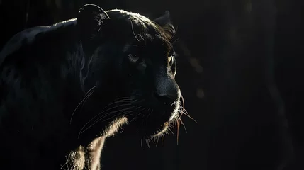 Tuinposter Enigmatic black panther lurking in captivating shadows, its fierce gaze piercing through darkness. © stocker