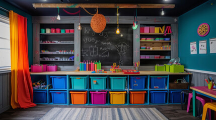 A colorful and vibrant workshop space for kids with labeled bins for art supplies a chalkboard wall for creative inspiration and a designated area for messy projects.
