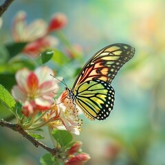 Fototapeta premium Insect's Elegy: Monarch Butterfly Alighting on a Blossom in Spring