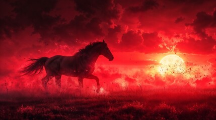Crimson Gallop: Silhouette of a Horse against a Fiery Sunset