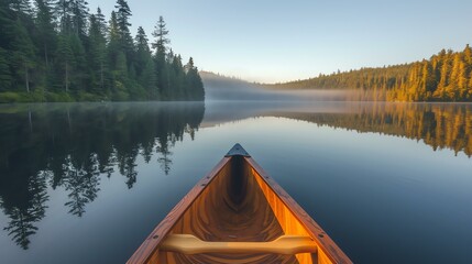 A serene moment captured during an enchanting canoe ride in a tranquil lake, where the gentle rays of the morning sun cast a mesmerizing reflection on the glass-like water, evoking a profoun