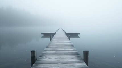 A serene wooden pier vanishing into a hazy lake at sunrise, enveloped by serene mist and gentle light, evoking a tranquil and minimalist ambiance.
