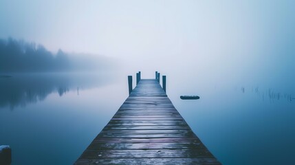 A serene wooden pier vanishing into a hazy lake at sunrise, enveloped by serene mist and gentle light, evoking a tranquil and minimalist ambiance.