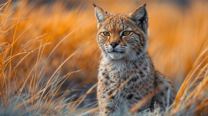 Obraz premium Dawn's Observer: Bobcat in the Amber Field