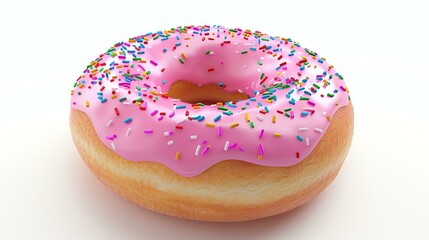 Mouthwatering pink glazed donut with colorful sprinkles, perfectly 3D rendered and enticingly isolated on a pristine white background.