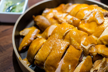Slice of chicken in the dish at restaurant