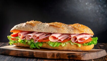 Fresh submarine sandwich. Long sandwich with ham, lettuce and tomatoes. Fast food on wooden board.