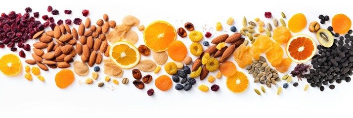 abstract colorful background of fruits, dried fruits and nuts