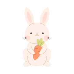 Cute white bunny with carrot. Easter and spring character. Vector illustration in flat style