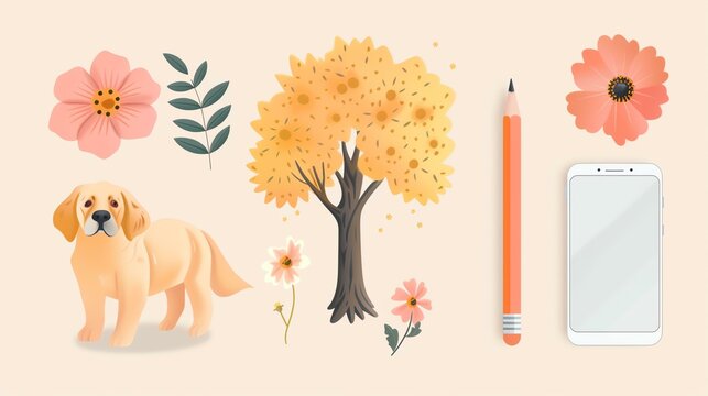 A harmonious blend of nature and modernity, this captivating stock image features a lush tree surrounded by vibrant flower graphics, while a golden retriever playfully rests beside a pencil