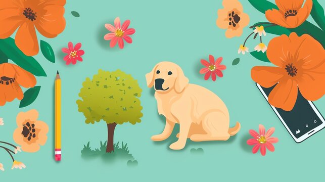 A harmonious blend of nature and modernity, this captivating stock image features a lush tree surrounded by vibrant flower graphics, while a golden retriever playfully rests beside a pencil