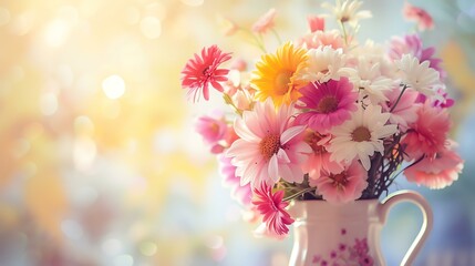 A stunning arrangement of spring blooms in a charming vintage vase, showcased against a fresh, luminous backdrop to enhance their vibrant hues.