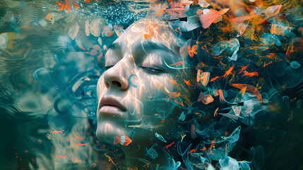 Surreal photo collage of a person submerged in water filled with abstract thoughts and emotions, portraying the immersive nature of mental health experiences


 - obrazy, fototapety, plakaty