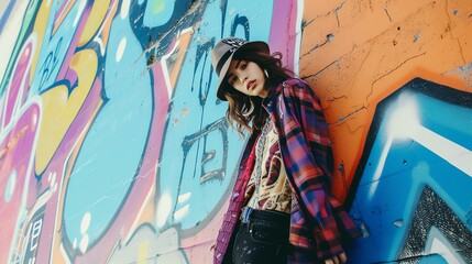 Vibrant graffiti wall serves as a captivating backdrop for an edgy street-style fashion shoot....