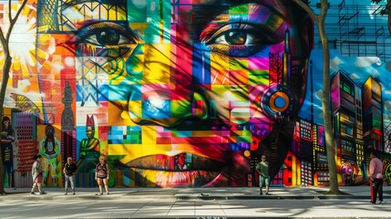 A captivating street art mural showcasing vibrant colors and a powerful message, illuminated by the golden rays of sunlight. - Powered by Adobe