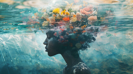 Surreal photo collage of a person submerged in water filled with abstract thoughts and emotions, portraying the immersive nature of mental health experiences


