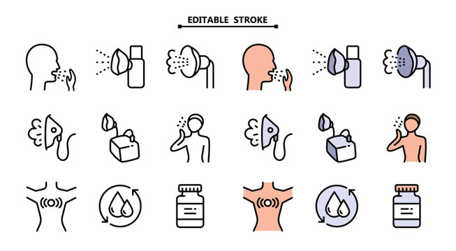 Vector set of nebulizers of different types. Editable stroke. Vector illustration. Nebulizer signs collection. Medical equipment for inhalation in the diseases, asthma, bronchitis. Healthcare symbol