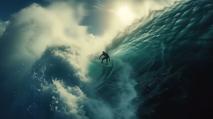 Thrilling moment captured as a skilled surfer conquers a colossal wave, its grandeur amplified by the piercing sunlight and crystalline spray.