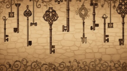 Background with antique old keys in Beige color.