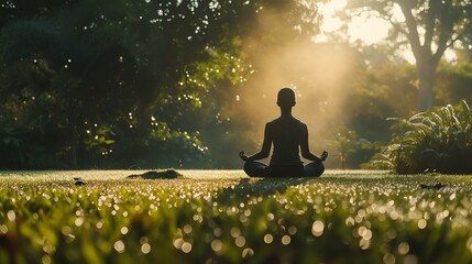 Begin your day in tranquility with a serene yoga practice. Bask in the gentle morning light as you cultivate inner peace amidst a picturesque garden. The yogi's poised posture reflects the h