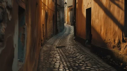 Papier Peint photo autocollant Ruelle étroite Capture the enchantment of a bygone era with this captivating image of a narrow, cobblestone alleyway in an old town. Bathed in warm evening light, mysterious shadows dance along the ancient