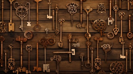 Background with antique old keys in Brown color - obrazy, fototapety, plakaty
