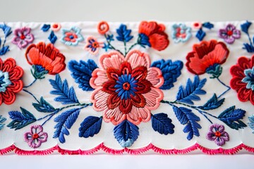 Slovak folk embroidery in red and blue - obrazy, fototapety, plakaty