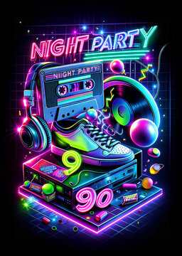 Vibrant Neon Retro Party. Exuberant Night Party Poster Featuring Classic Boombox and Sneakers, Tailored for Flashy Event Promotions and Social Media Highlights. Perfect for Party Poster or Flyer