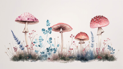 ilustraciones de setas, lavanda, flores y mariposas hechas con colores pastel, muy suaves 