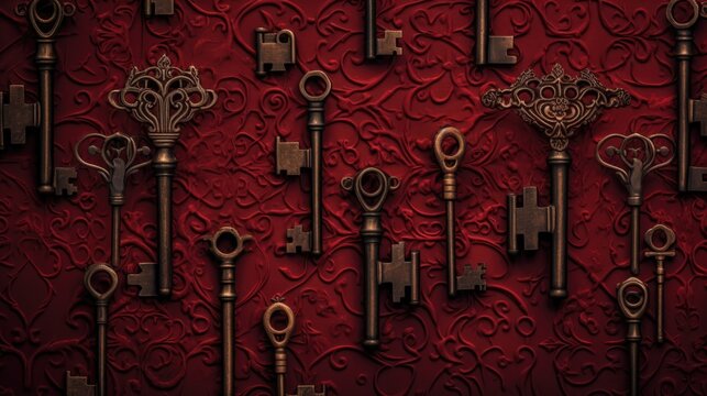  Background with antique old keys in Crimson color.