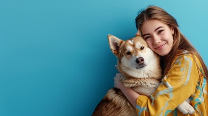 Fototapeta na wymiar Young girl hugging a dog against a blue background, symbolizing friendship and happiness. Suitable for family and pet-related content.