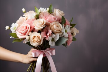 Woman hand holding flowers. Bouquet of flowers for congratulations