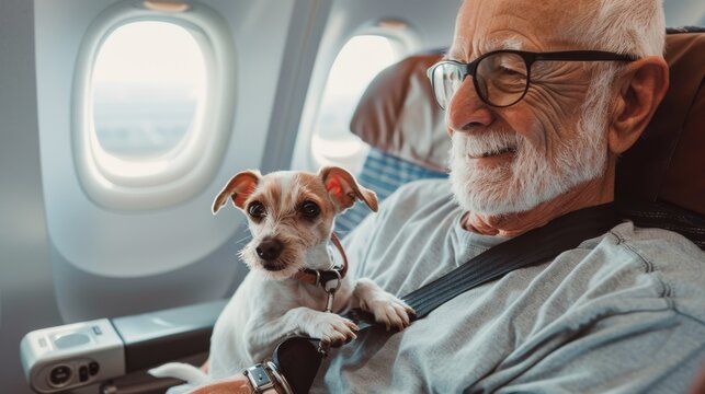 Contented senior man with a small white dog on his lap while flying, depicting companionship and senior travel.