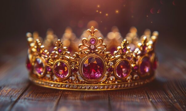 low key image of beautiful queen/king crown over wooden table. vintage filtered. fantasy medieval period
