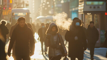 Bustling city sidewalks filled with busy pedestrians, their breath visible in the crisp air. - obrazy, fototapety, plakaty
