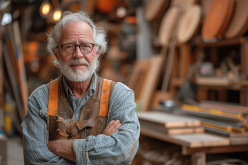 A Senior Adult Carpenter Engaged in His Small Business Workshop. With Years of Craftsmanship, This Portrait Captures the Dedication and Expertise of a Skilled Artisan in the Carpentry Profession - obrazy, fototapety, plakaty