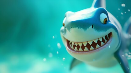 A cheerful cartoon representation of a shark head, with a minimalistic and trendy design. The image features a close-up view of the happy shark, set against a light cyan gradient background,