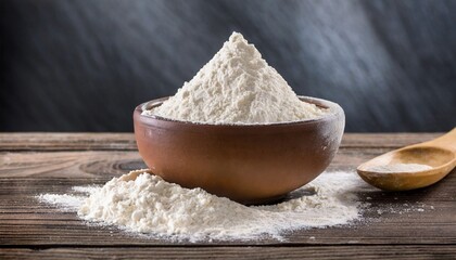 Fototapeta na wymiar Bowl with wheat flour on wooden table.