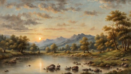 Naklejka premium Watercolor landscape of a dusk over a river in summer with a mountain background.