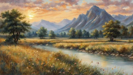 Fotobehang Watercolor landscape of a dusk over a river in summer with a mountain background. © JackBoiler