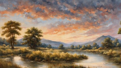 Fototapeta premium Watercolor landscape of a dusk over a river in summer with a mountain background.