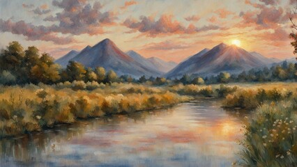 Watercolor landscape of a dusk over a river in summer with a mountain background.