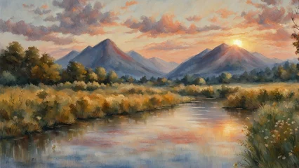 Poster Watercolor landscape of a dusk over a river in summer with a mountain background. © JackBoiler