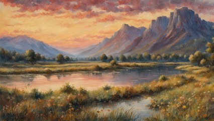 Watercolor landscape of a dusk over a river in summer with a mountain background.