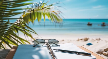 Sunglasses and a diary with a pen on the beach by the sea - Powered by Adobe