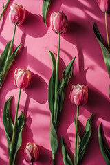 Spring composition of pink tulips on textured pink surface. Women's Day concept. Flat lay, top view. Spring floral background.