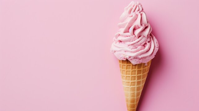 A delightful and vibrant image featuring a perfectly scooped ice cream cone, adorned with colorful sprinkles, resting on a captivating pink background. This mouthwatering composition evokes