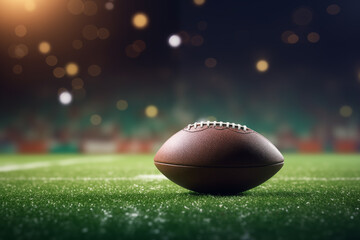 American football ball on the green football field grass with blurred stadium lights in the background. Horizontal wallpaper with large copy space for text. Sport and big game concept
